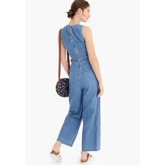 J CREW Point Sur Wide Leg Tailored Indigo Blue Denim Jumpsuit Size 6 Sleeveless - Picture 2 of 16